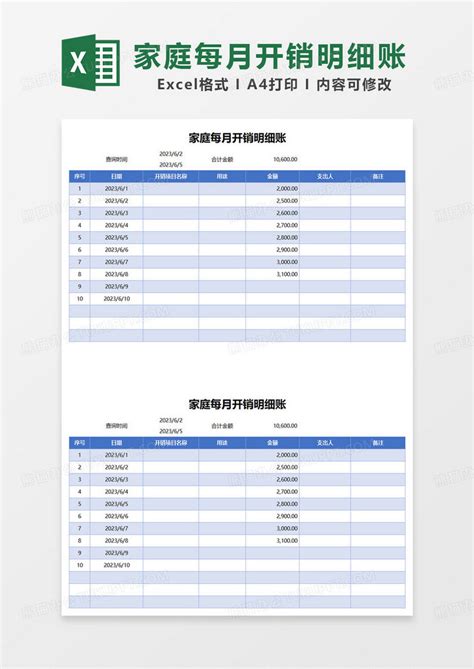 蓝色简约家庭每月开销明细账表Excel模板下载_熊猫办公