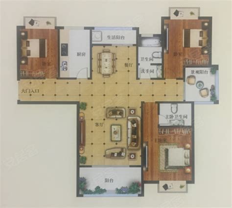 紫荆东苑户型3，紫荆东苑3室2厅2卫1厨约123.85平米户型图，朝南朝向 - 荆门安居客