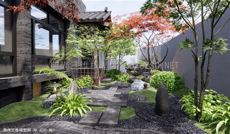 新中式跌水景墙 松树水景 石头 庭院水景小品 叠水景观13dmax模型 现代水景3dmax模型