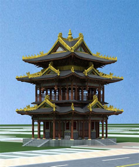 C4D MAX 3DS中国古典景观建筑房屋中式阁楼凉亭模型材质贴图