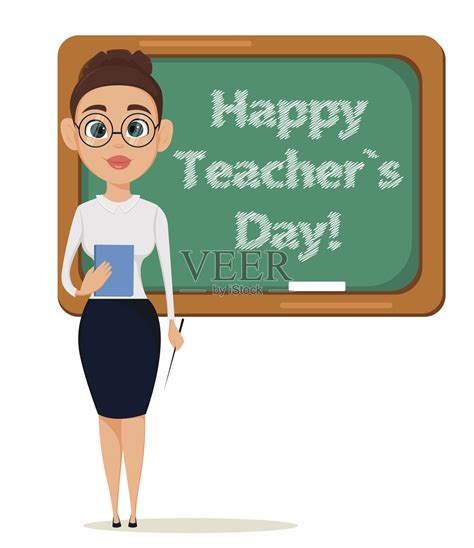 教师节快乐。可爱的老师拿着教鞭和笔记本站在黑板前上课。——股票向量插画图片素材_ID:157098151-Veer图库