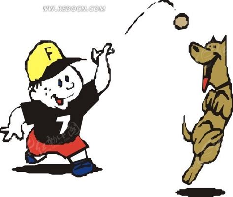 手绘和狗玩捡球的男孩EPS素材免费下载_红动中国