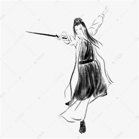舞剑的水墨侠插画素材图片免费下载-千库网
