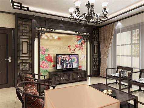 新中式风格客厅半圆形电视背景墙装修效果图_土巴兔装修效果图