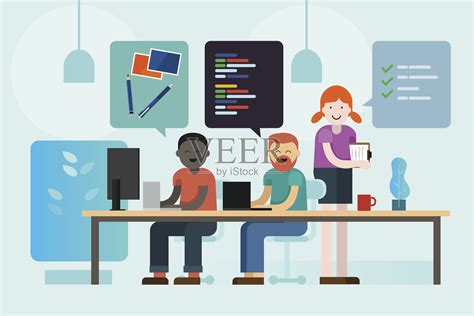 网页设计开发程序员和项目经理一起工作编码交流简短的创意公司团队插画图片素材_ID:309617800-Veer图库