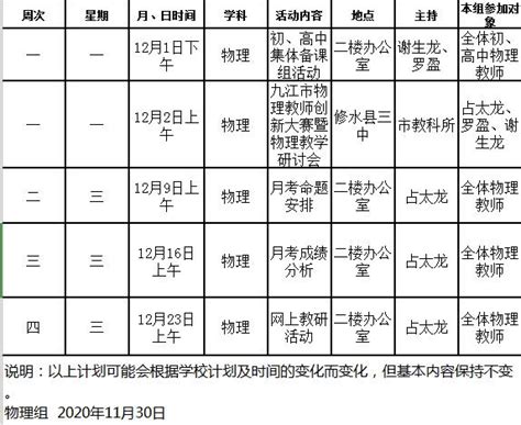 九江金安高级中学物理组2020年12月教研活动安排 - 九江金安高级中学