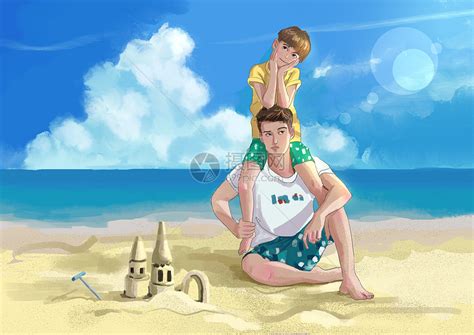 父亲节手绘父子海滩散步背景图片免费下载-千库网