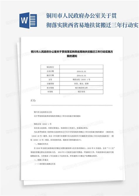 铜川市人民政府办公室关于贯彻落实陕西省易地扶贫搬迁三年行动实施方Word模板下载_编号qwprgwxz_熊猫办公