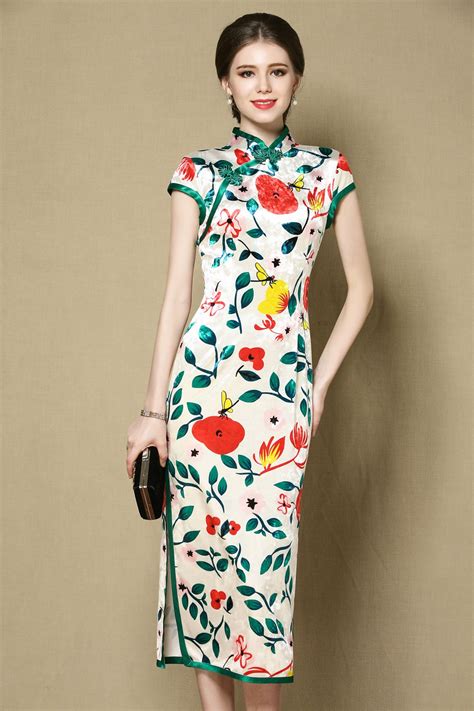 Beautiful Flower Print Velvet Qipao Cheongsam Dress - Qipao Cheongsam ...