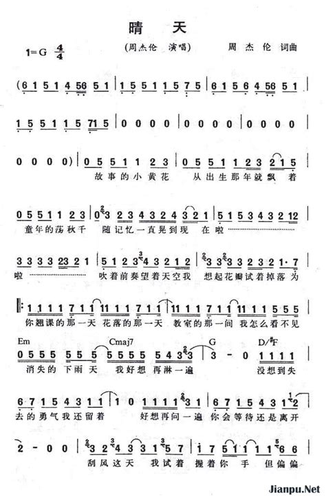 晴天-原调简单版-周杰伦-钢琴谱文件（五线谱、双手简谱、数字谱、Midi、PDF）免费下载