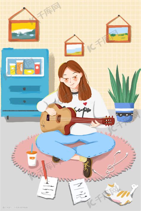 手绘卡通可爱女生弹吉他素材图片免费下载-千库网