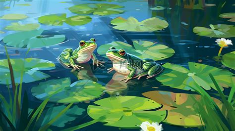 夏天池塘里有荷叶青蛙插画图片-千库网