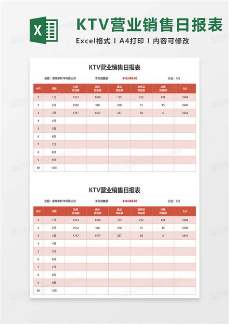 KTV营业销售日报表EXCEL模板下载_EXCEL_图客巴巴