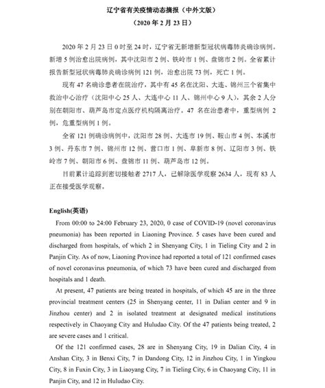 辽宁省有关疫情动态摘报（中外文版）Latest on the Novel Coronavirus Situation in Liaoning ...