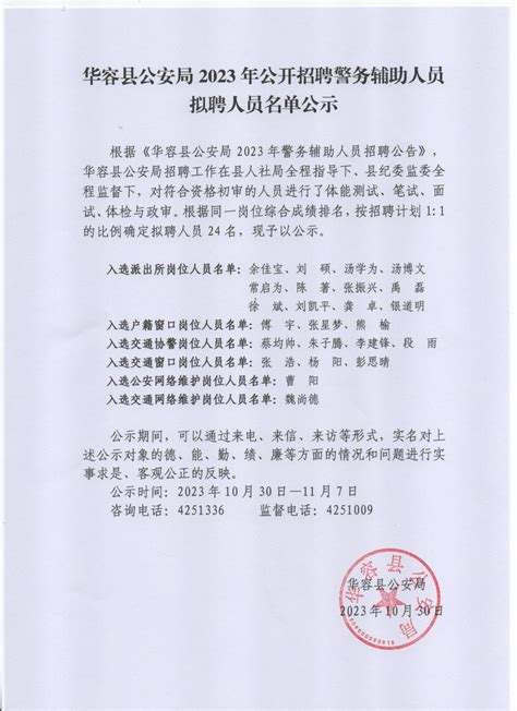 华容县公安局2023年公开招聘警务辅助人员拟聘人员名单公示-华容县政府网