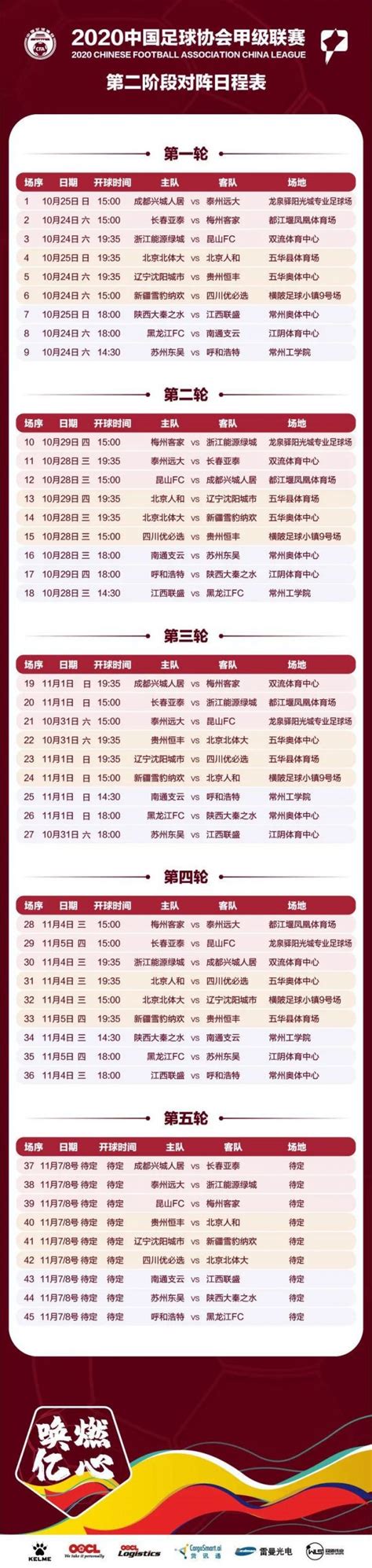2020年中甲联赛第二阶段赛程表一览- 广州本地宝
