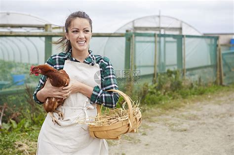 一名女子在养鸡场持鸡高清图片下载-正版图片501871508-摄图网