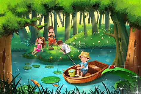 小暑时节在森林里玩耍的男孩女孩插画图片下载-正版图片401762234-摄图网