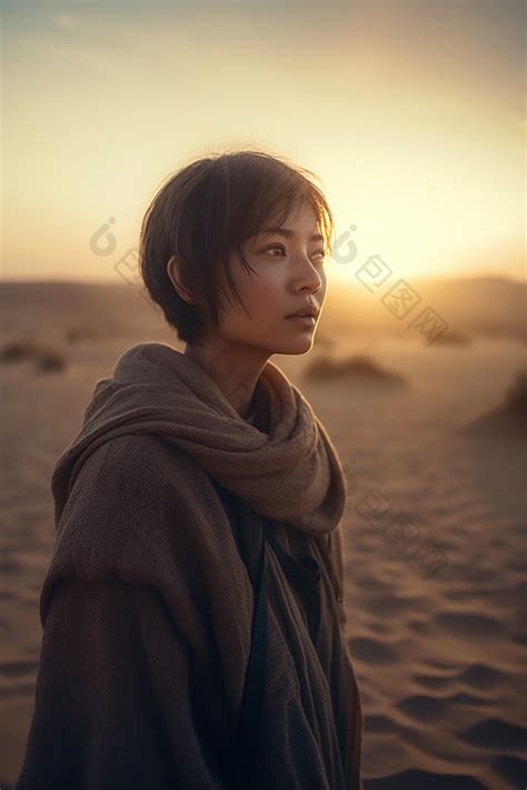沙漠边凝视远方的少女图片-包图网