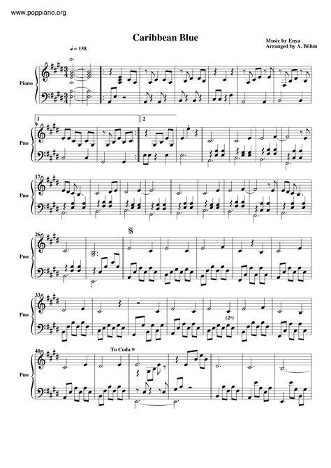 Enya-Caribbean Blue 琴谱/五线谱pdf-香港流行钢琴协会琴谱下载 ★