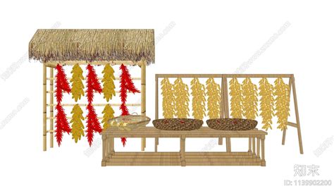 中式农家民俗竹木桌椅玉米辣椒组合3D模型-免费3dmax模型库-欧模网