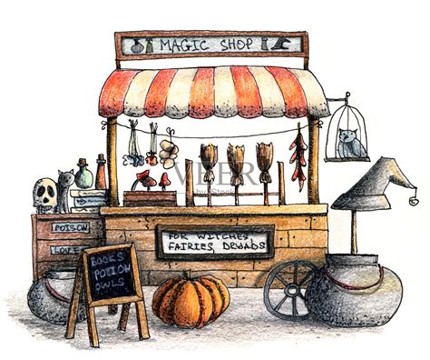 可爱的秋季魔术店，有锅，药水，猫头鹰和南瓜。插画图片素材_ID:413059287-Veer图库