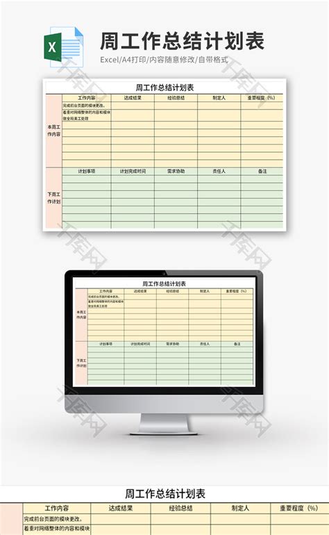 周工作总结计划表Excel模板_千库网(excelID：131008)