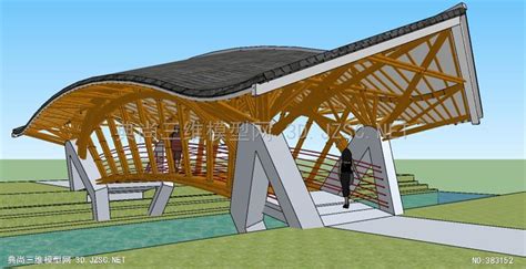 特色现代竹桥木桥竹子复杂桥梁结构SU模型 景观桥SU模型
