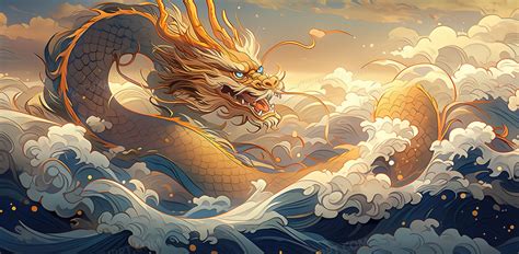神话传说在海面上翻江倒海的金色神龙创意插画图片素材下载_jpg格式_熊猫办公