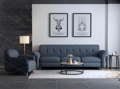 客厅2 灰蓝色的沙发背景墙，搭配灰色系的布艺沙发，简单时尚-家居美图_装一网装修效果图