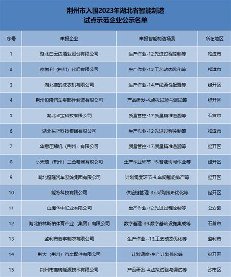 荆州市15家企业入围2023年湖北省智能制造试点示范企业公示名单-荆州市人民政府网