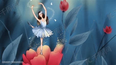 水彩玫瑰花上舞蹈女孩插画图片-千库网