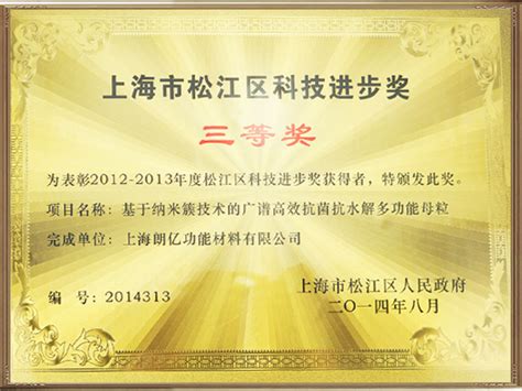 上海市松江区科技进步三等奖-上海朗亿功能材料有限公司