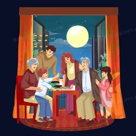 一家人吃月饼赏月中秋节插画图片-包图网