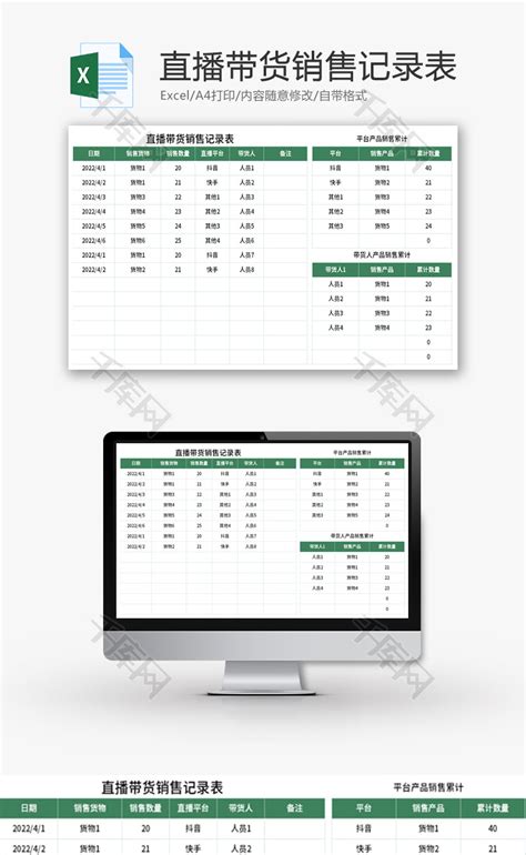 直播带货销售记录表Excel模板_千库网(excelID：170006)
