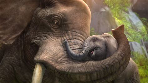 大象慈爱的望着撒娇的小象动物温暖