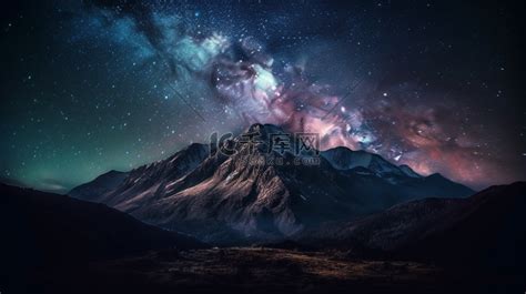 群山上繁星满天的夜空高清摄影大图-千库网