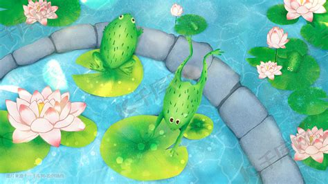 夏季池塘青蛙跳跃美景插画图片-千库网
