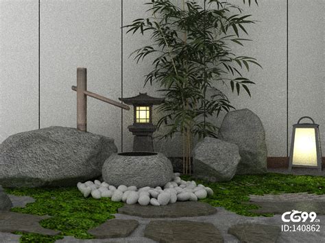 景观 中式景观 石头 假山 流水 竹子 路灯 鹅卵石-cg模型免费下载-CG99