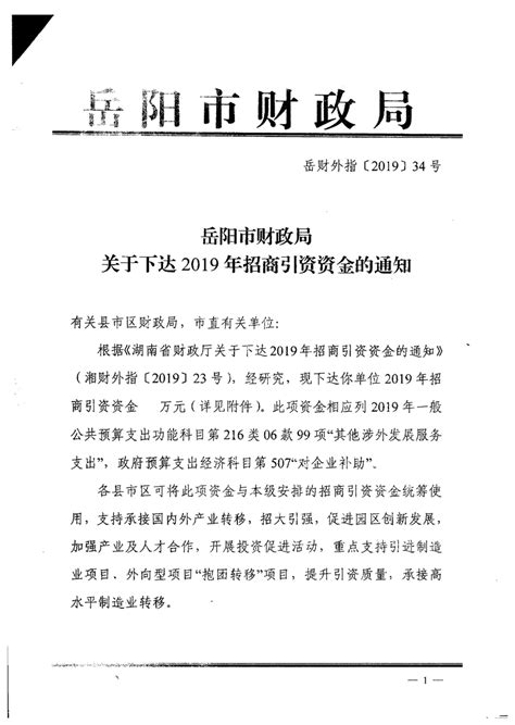 岳阳市财政局关于下达2019年招商引资资金的通知