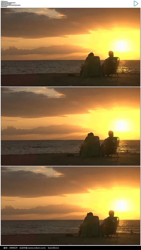 情侣坐在沙滩上看夕阳实拍视频素材下载_红动中国