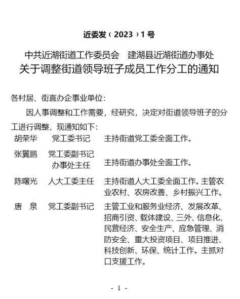 建湖县人民政府 领导分工 关于调整街道领导班子成员工作分工的通知
