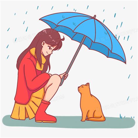 手绘雨季少女给猫咪撑伞场景PNG图片素材下载_素材PNG_熊猫办公