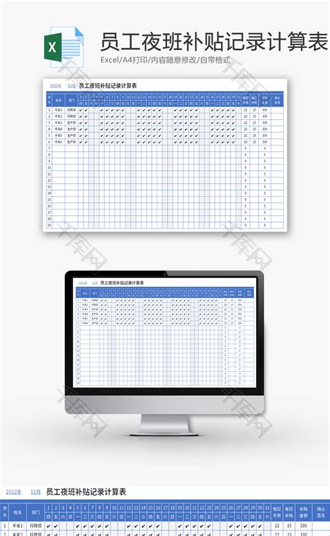员工夜班补贴记录计算表Excel模板_千库网(excelID：183245)