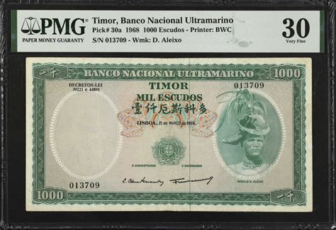 1968年东帝汶大西洋银行1000 埃斯库多。TIMOR. Banco Nacional Ultramarino. 1000 Escudos ...