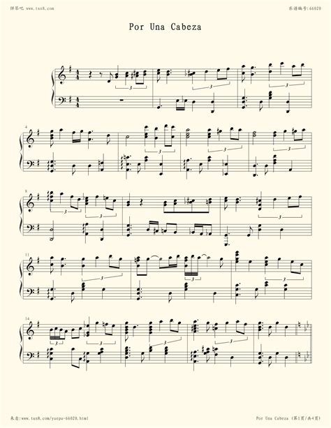 《Por Una Cabeza,钢琴谱》Carlos Gardel（五线谱 钢琴曲 指法）-弹吧|蛐蛐钢琴网