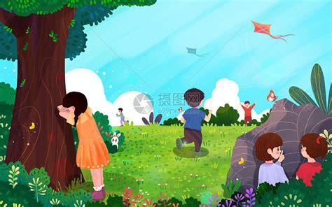 卡通手绘小朋友们游戏捉迷藏场景元素PNG图片素材下载_小朋友PNG_熊猫办公