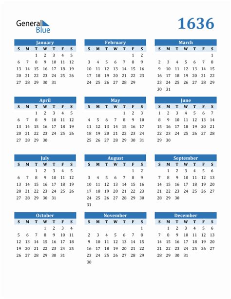 Free 1636 Year Calendar in PDF, Word, and Excel