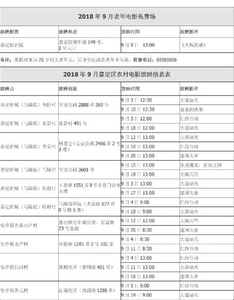 上海嘉定9月免费电影排片表 - 上海本地宝