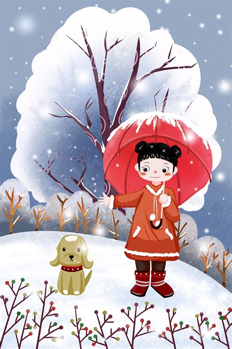 手绘冬季雪景女孩插画图片-千库网
